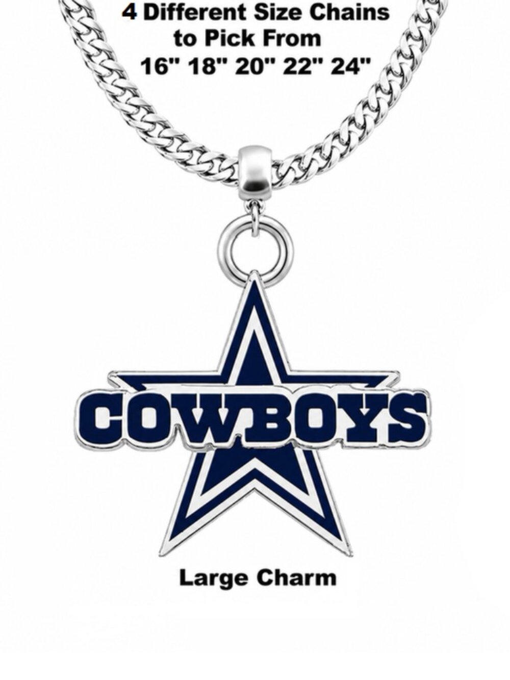 Dallas Cowboys Large Team Star with Name Necklace on a 3mm Stainless-Steel Chain
